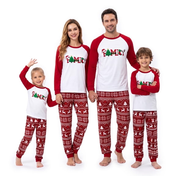 NIPAXO Family Matching Christmas Pajamas Set Long Sleeve Raglan Top with "FAMILY" Holiday Graphic & Fair Isle Nordic Pants for Dad Mom Kids