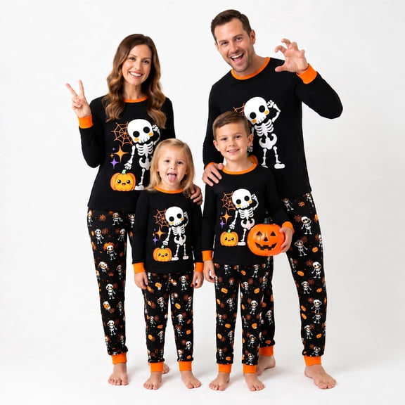 NIPAXO Family Matching Halloween Pajamas Set - Spooky Cute Skeleton & Pumpkin Graphic Long Sleeve Sleepwear for Adults, Kids & Toddlers