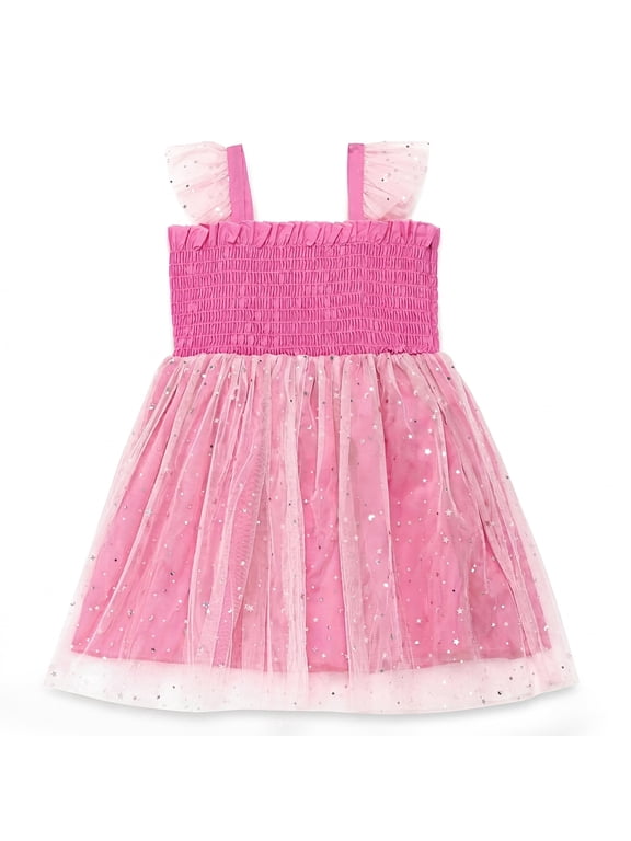 Girls Dress Starry Sky Tulle Flutter Sleeve Strap Metallic Silver Star Moon Foil Print Layered Mesh Smocked Sundress for Toddler Girls Age 4-5 Years