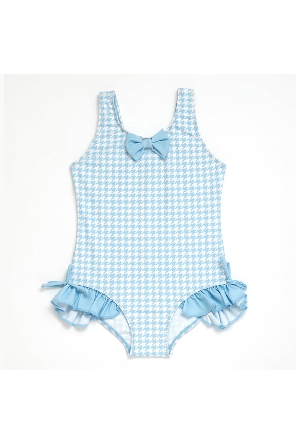 Girls One Piece Swimsuit Classic Houndstooth Check Tank Front Bowknot Ruched Side Ties Ruffle Trim Retro Swimwear for Toddler Little Kids Age 11-12 Years