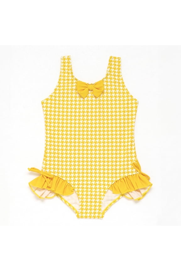Girls One Piece Swimsuit Classic Houndstooth Check Tank Front Bowknot Ruched Side Ties Ruffle Trim Retro Swimwear for Toddler Little Kids Age 4-5 Years