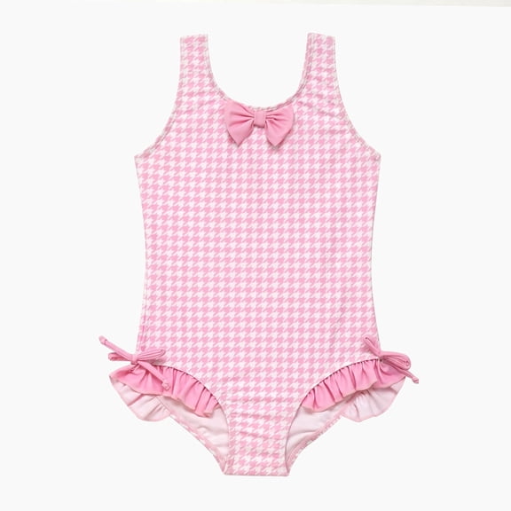 NIPAXO Girls One Piece Swimsuit Classic Houndstooth Check Tank Front Bowknot Ruched Side Ties Ruffle Trim Retro Swimwear for Toddler Little Kids Age 4-5 Years