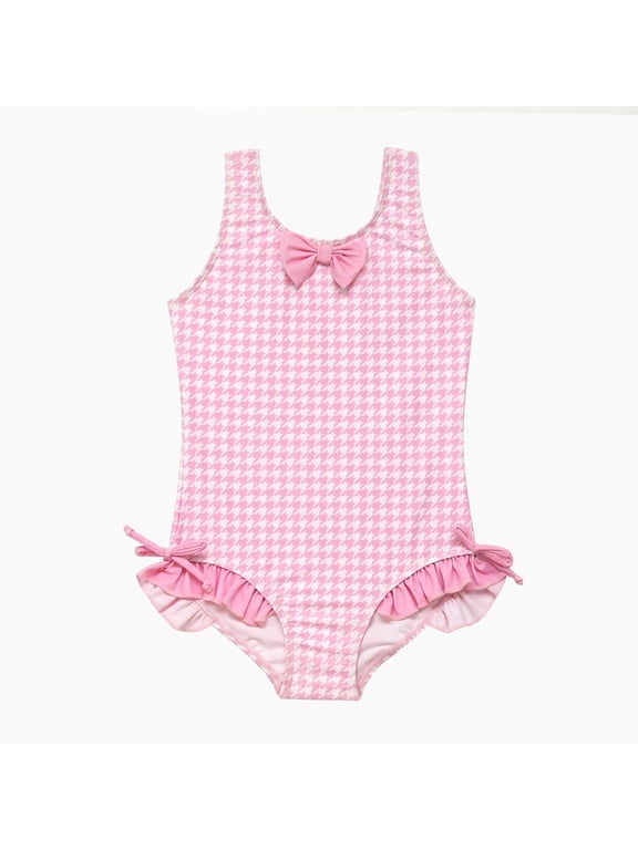 Girls One Piece Swimsuit Classic Houndstooth Check Tank Front Bowknot Ruched Side Ties Ruffle Trim Retro Swimwear for Toddler Little Kids Age 4-5 Years