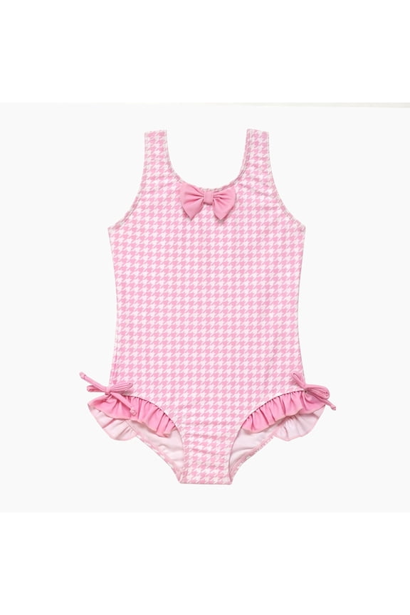 Girls One Piece Swimsuit Classic Houndstooth Check Tank Front Bowknot Ruched Side Ties Ruffle Trim Retro Swimwear for Toddler Little Kids Age 9-10 Years