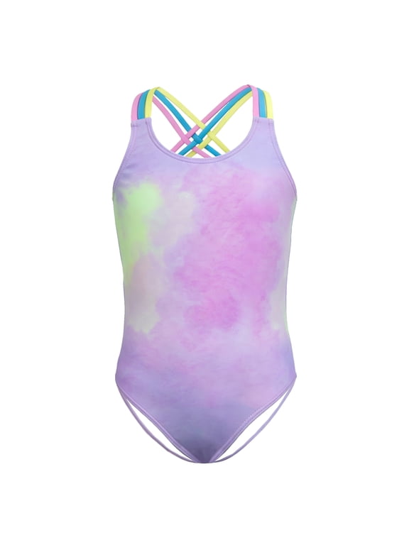 Girls One-Piece Swimsuit, Pastel Tie-Dye Crisscross Straps Bathing Suit, Summer Beach Swimwear for Kids