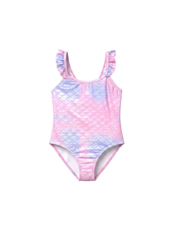 Girls One Piece Swimsuit Shiny Metallic Mermaid Fish Scale Rainbow Pastel Ombre Flutter Ruffle Strap Swimwear for Toddler Age 4-5 Years