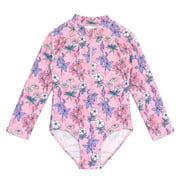 NIPAXO Girls One Piece Swimsuit Zip Front Rash Guard Sun Protection Long Sleeve Botanical Floral Wildflower Print Swimwear for Toddler Little Kids Age 4-5 Years