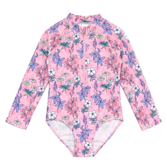 NIPAXO Girls One Piece Swimsuit Zip Front Rash Guard Sun Protection Long Sleeve Botanical Floral Wildflower Print Swimwear for Toddler Little Kids Age 4-5 Years