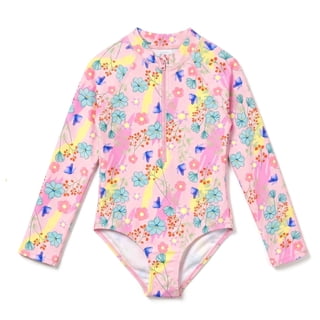 NIPAXO Girls One Piece Swimsuit Zip Front Rash Guard Sun Protection Long Sleeve Butterfly Floral Print Swimwear for Toddler Age 4-5 Years
