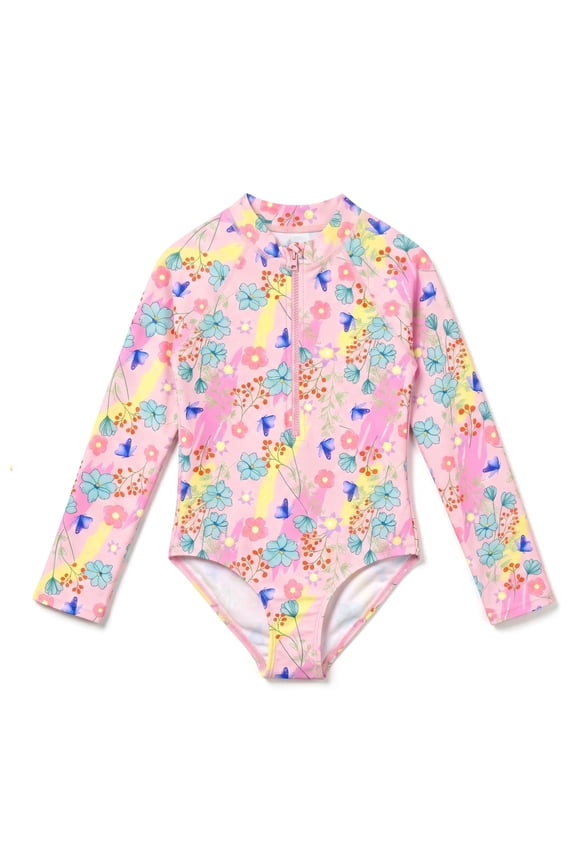 Girls One Piece Swimsuit Zip Front Rash Guard Sun Protection Long Sleeve Butterfly Floral Print Swimwear for Toddler Age 9-10 Years