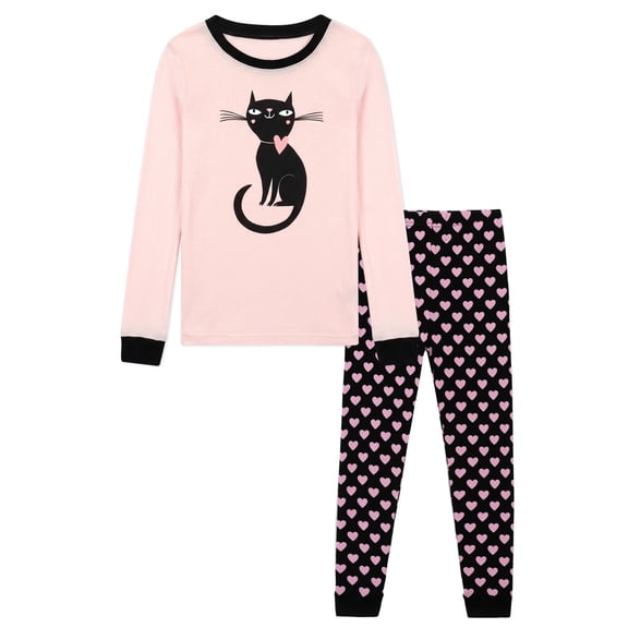 NIPAXO Girls Pajamas Set Long Sleeve Black Cat Graphic & Pink Heart Print Sleepwear with Black Trim for Toddler Little Girls