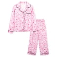 thumbnail image 1 of NIPAXO Girls Pajamas Set Long Sleeve Button-Down Pink Stripe Strawberry Bow Print Long Pants Satin Sleepwear for Kids, 1 of 8