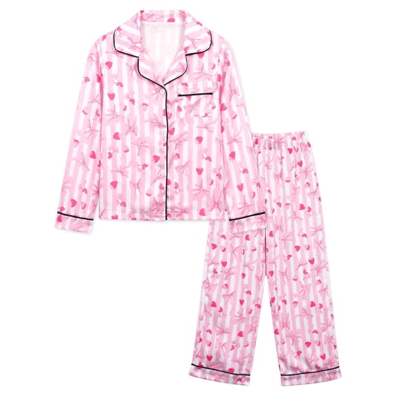 NIPAXO Girls Pajamas Set Long Sleeve Button-Down Pink Stripe Strawberry Bow Print Long Pants Satin Sleepwear for Kids