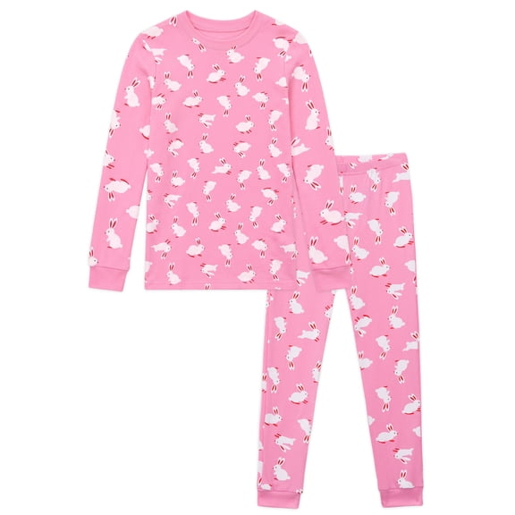 NIPAXO Girls Pajamas Set Long Sleeve Cute Rabbit Bunny Print Casual Sleepwear with Pink Trim for Toddler Little Girls