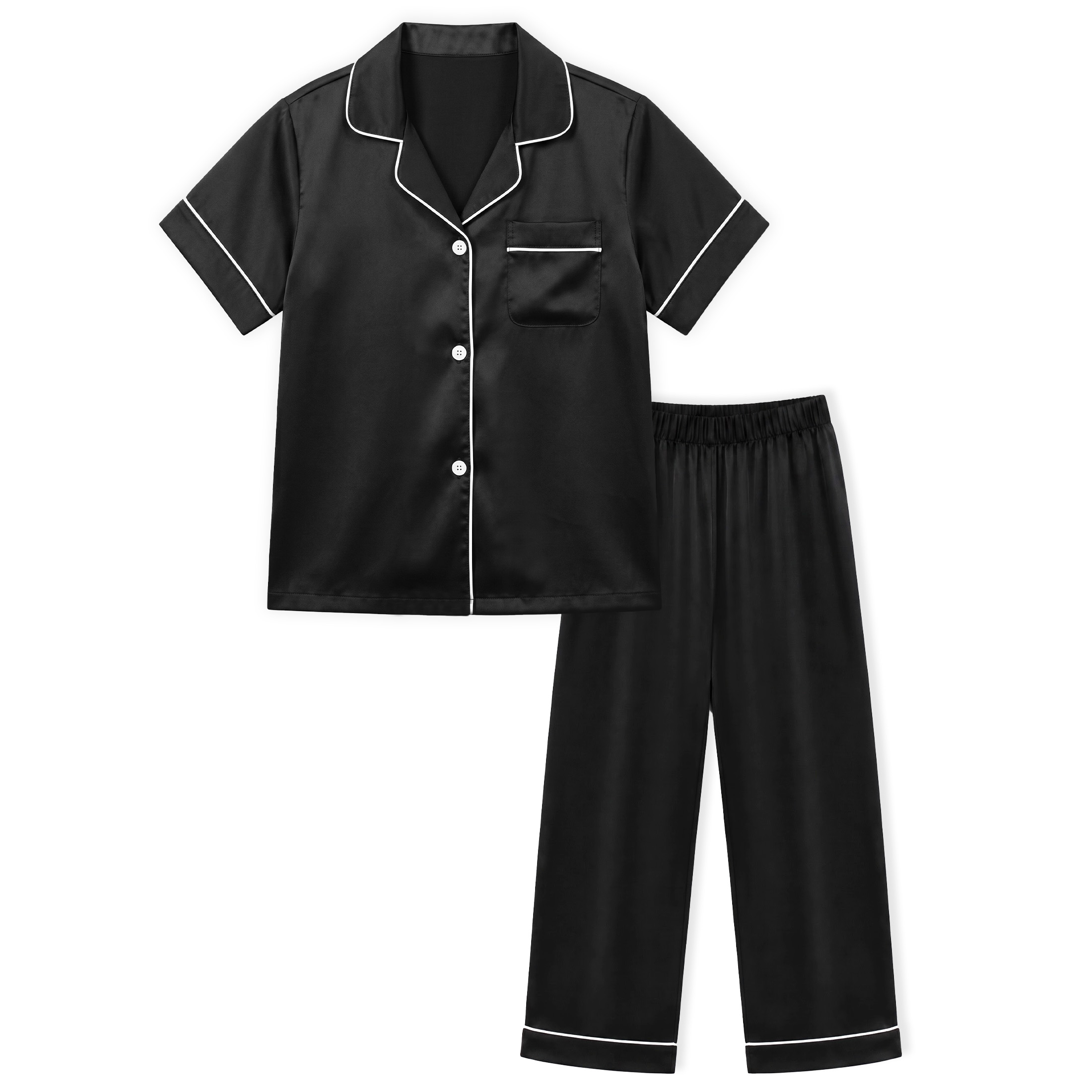 NIPAXO Girls Pajamas Set Short Sleeve Button-Down Solid Black Piping Long Pants Sleepwear Satin for Kids