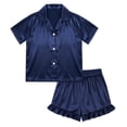thumbnail image 1 of NIPAXO Girls Pajamas Set Short Sleeve Button-Down Solid Navy Blue Ruffle Shorts Satin Sleepwear for Kids, 1 of 8
