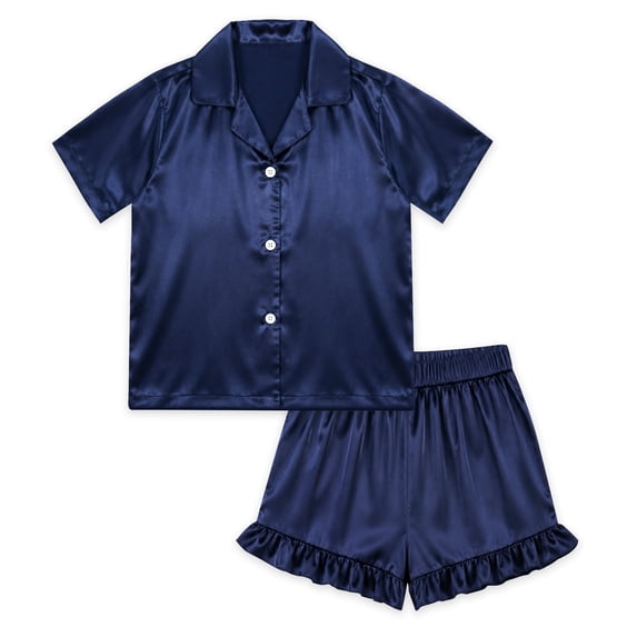 NIPAXO Girls Pajamas Set Short Sleeve Button-Down Solid Navy Blue Ruffle Shorts Satin Sleepwear for Kids