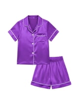 NIPAXO Girls Pajamas Set Short Sleeve Button-Down Solid Purple Piping Shorts Sleepwear Satin for Kids