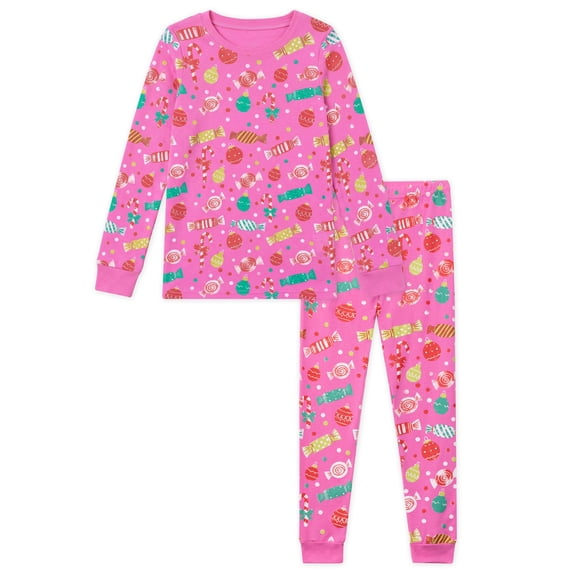 NIPAXO Girls Pajamas Set Soft Cotton Sweet Candy Cane Print Long Sleeve Top with Matching Pants for Kids