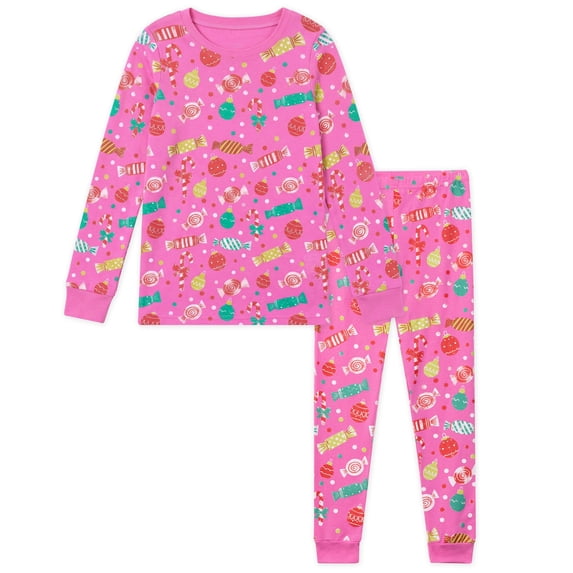 NIPAXO Girls Pajamas Set Soft Cotton Sweet Candy Cane Print Long Sleeve Top with Matching Pants for Kids