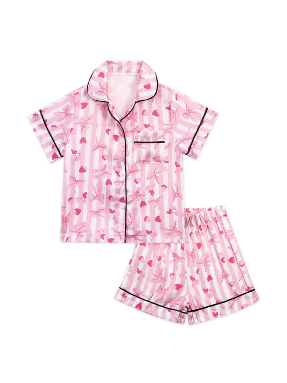 Girls Satin Pajamas Set Short Sleeve Button-Down Pink Stripe Strawberry Bow Print Sleepwear for Kids