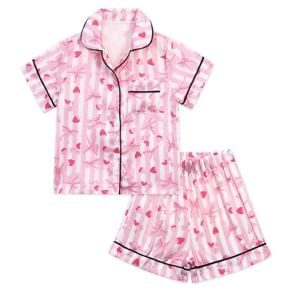 NIPAXO Girls Satin Pajamas Set Short Sleeve Button-Down Pink Stripe Strawberry Bow Print Sleepwear for Kids