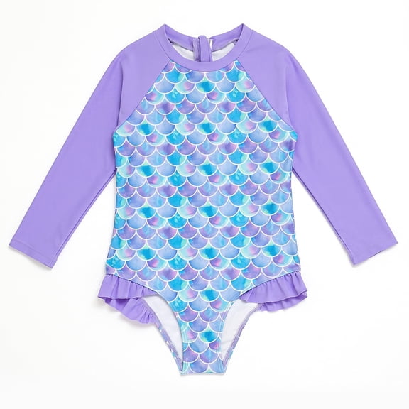 NIPAXO Girls One Piece Swimsuit Long Sleeve Mermaid Fish Scale Print Ruffle Trim Rash Guard Swimwear for Toddler Little Girls Age 4-5Y