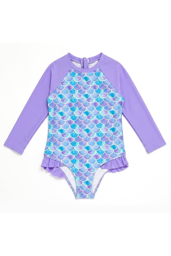Girls One Piece Swimsuit Long Sleeve Mermaid Fish Scale Print Ruffle Trim Rash Guard Swimwear for Toddler Little Girls Age 4-5Y