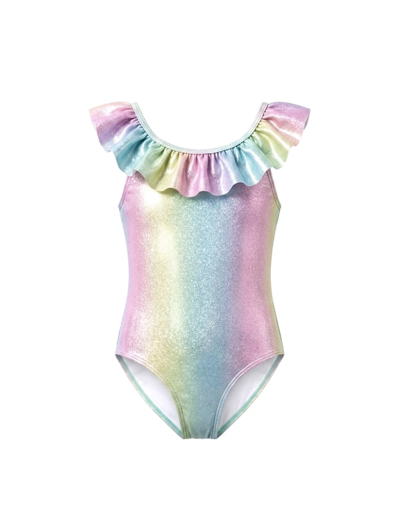 Girls One Piece Swimsuit Shiny Metallic Mermaid Fish Scale Camisole Bathing Suit Double Ruffle Neckline Ombre Pastel Swimwear for Toddler Girls Age 4-5 Years