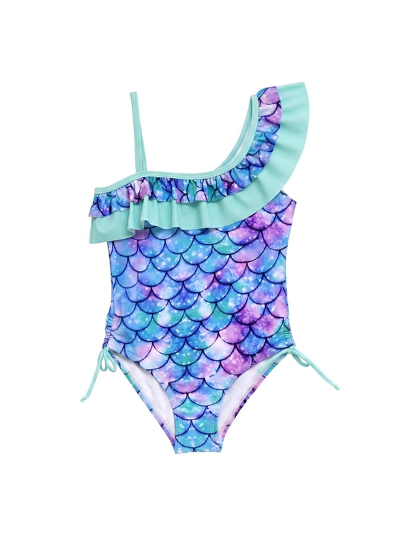 Girls One Piece Swimsuit Asymmetric One Shoulder Ruched Side Ties Mermaid Scale Rainbow Ombre Pastel Flounce Swimwear for Toddler Girls Age 4-5 Years