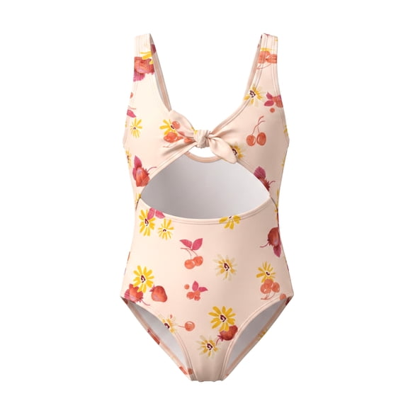 NIPAXO Girls One Piece Swimsuit Front Tie Knot Cutout Monokini Retro Floral Cherry Print Sleeveless Beach Vacation Swimwear for Toddler Girls Age 4-5 Years