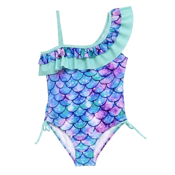 NIPAXO Girls One Piece Swimsuit Asymmetric One Shoulder Ruched Side Ties Mermaid Scale Rainbow Ombre Pastel Flounce Swimwear for Toddler Girls Age 5-6 Years