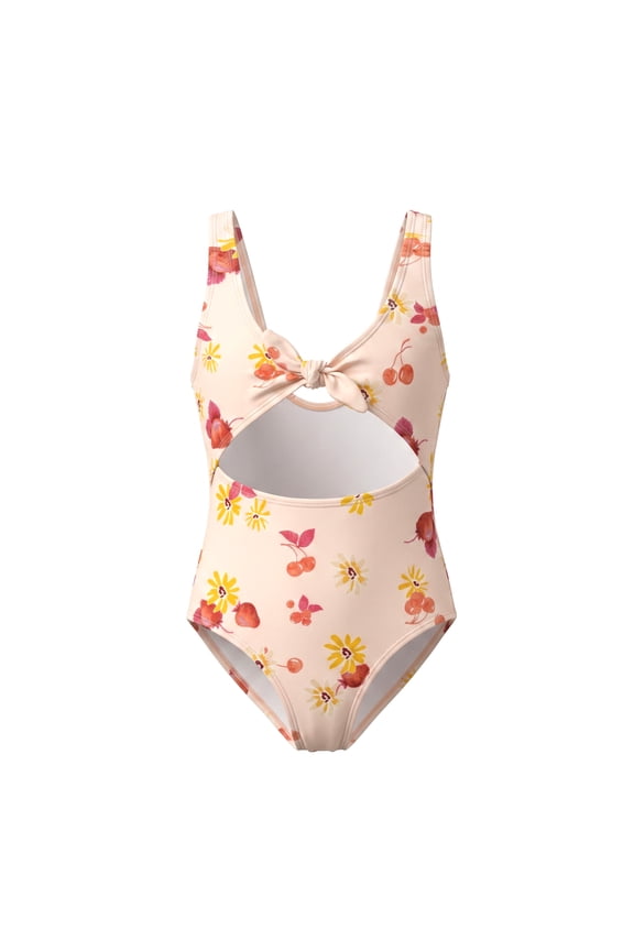 Girls One Piece Swimsuit Front Tie Knot Cutout Monokini Retro Floral Cherry Print Sleeveless Beach Vacation Swimwear for Toddler Girls Age 5-6 Years
