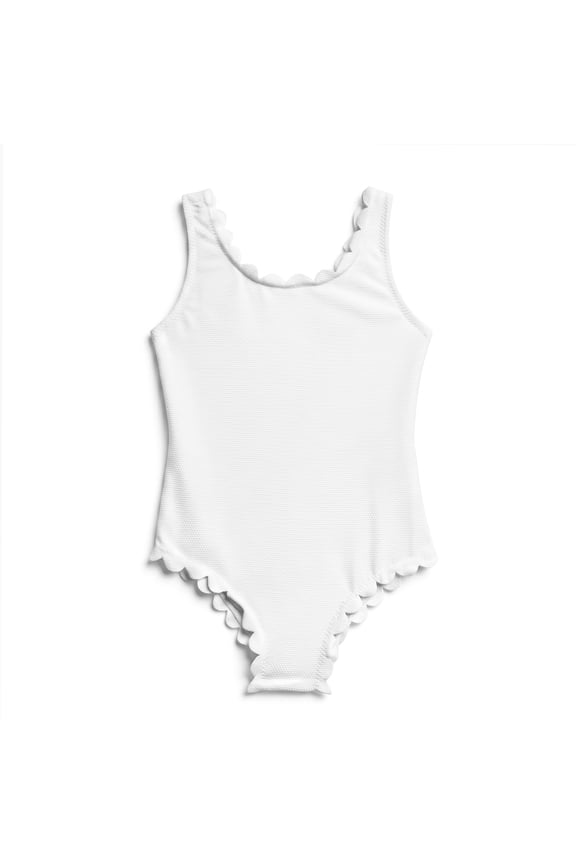 Girls One Piece Swimsuit Scalloped Edge Textured Tank Bathing Suit Classic Sleeveless Pullover Scoop Neck Swimwear for Toddler Girls Age 7-8 Years