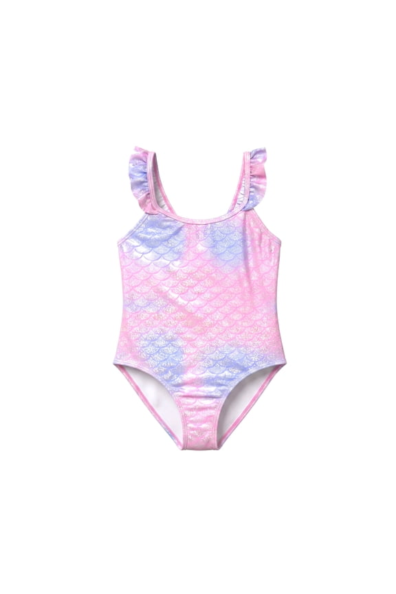 Girls One Piece Swimsuit Shiny Metallic Mermaid Fish Scale Rainbow Pastel Ombre Flutter Ruffle Strap Swimwear for Toddler Age 9-10 Years