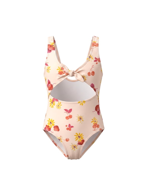 Girls One Piece Swimsuit Front Tie Knot Cutout Monokini Retro Floral Cherry Print Sleeveless Beach Vacation Swimwear for Toddler Girls Age 9-10 Years