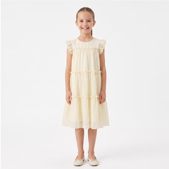 NIPAXO Girls Dress Summer Flutter Sleeve Crewneck Fully Lined Tiered Ruffle Flowy Boho Casual Dress for Kids