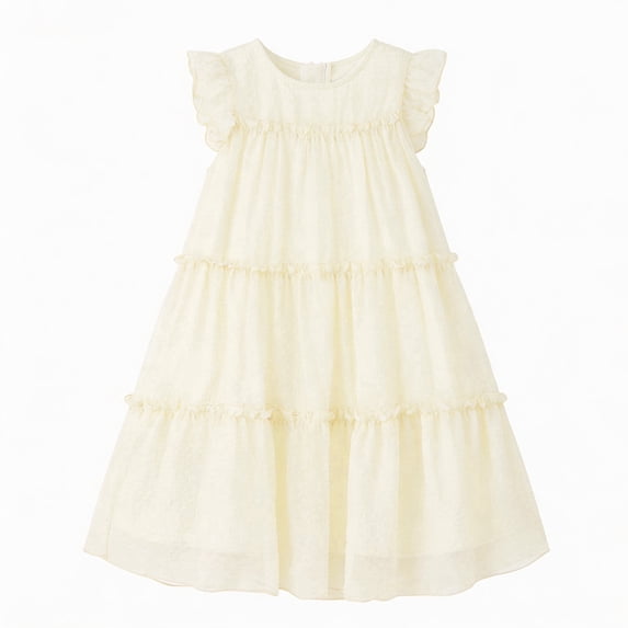 Girls Summer Boho Tiered Maxi Dress, Off-White Sleeveless Ruffle Party Dress, Lightweight Flowy Cotton Blend Sun Dress for Toddler & Little Girls (4-5Y)