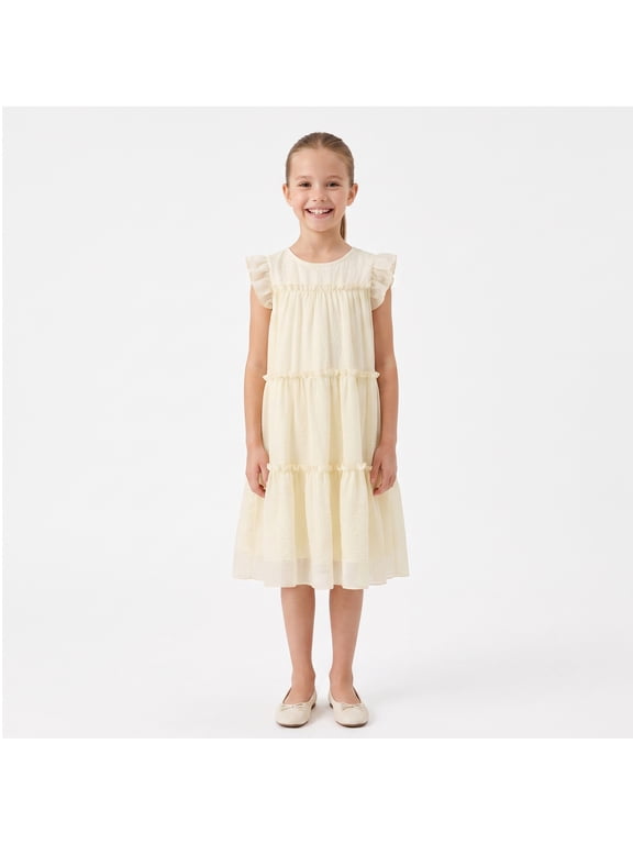 Girls Dress Summer Flutter Sleeve Crewneck Fully Lined Tiered Ruffle Flowy Boho Casual Dress for Kids