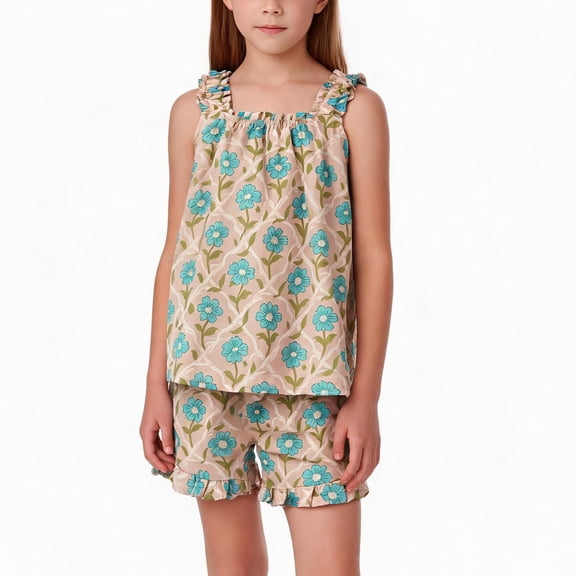 NIPAXO Girls Short Sets Ruffle Strap Floral Tank Top and Frill Hem Shorts Casual Beach Wear 2-Piece Summer Outfit for Girls, Beige/Blue, Sizes 4-5 years old