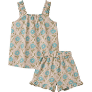 NIPAXO Girls Short Sets Ruffle Strap Floral Tank Top and Frill Hem Shorts Casual Beach Wear 2-Piece Summer Outfit for Girls, Beige/Blue, Sizes 4-5 years old