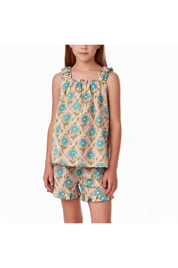 Girls Short Sets Ruffle Strap Floral Tank Top and Frill Hem Shorts Casual Beach Wear 2-Piece Summer Outfit for Girls, Beige/Blue, Sizes 9-10 years old