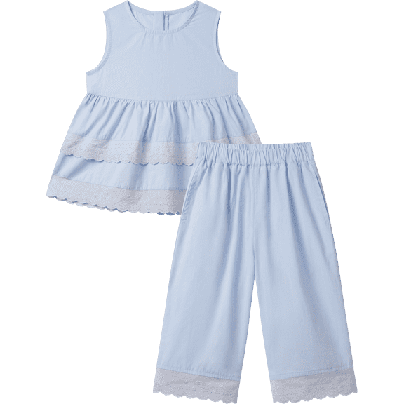 NIPAXO Girls' Summer Blue Sleeveless White Lace Edge Top and Pants Set for 5-6 Years Old
