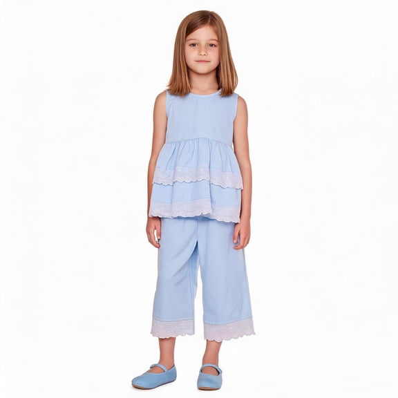 Girls 2-Piece Outfit Eyelet Lace Sleeveless Tunic and Wide Leg Pants Set for Girls 5-6Y