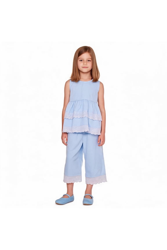 Girls 2-Piece Outfit Eyelet Lace Sleeveless Tunic and Wide Leg Pants Set for Girls 5-6Y
