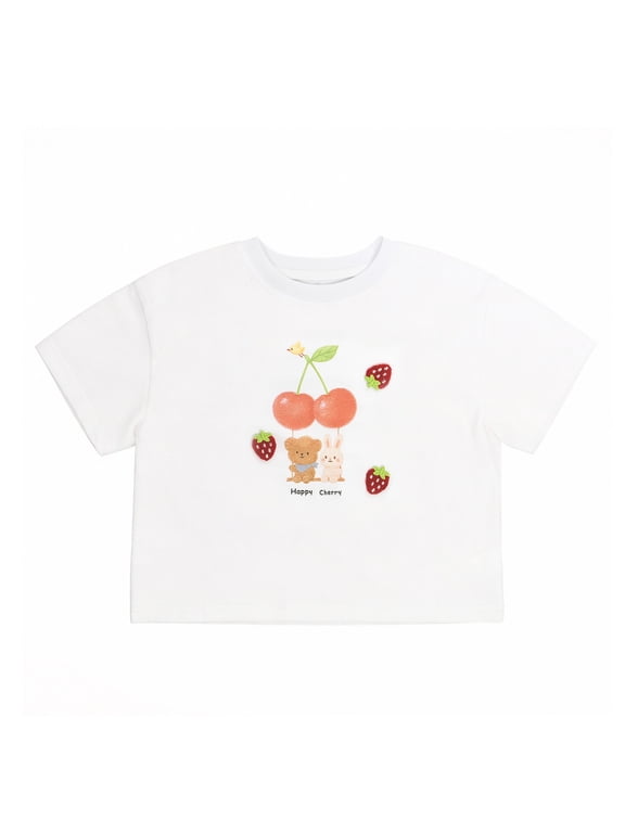 Girls Graphic T-Shirt Cute Cherry Bear Short Sleeve Crewneck Cotton Tee, Casual Summer Top for Girls 5-6Y (White