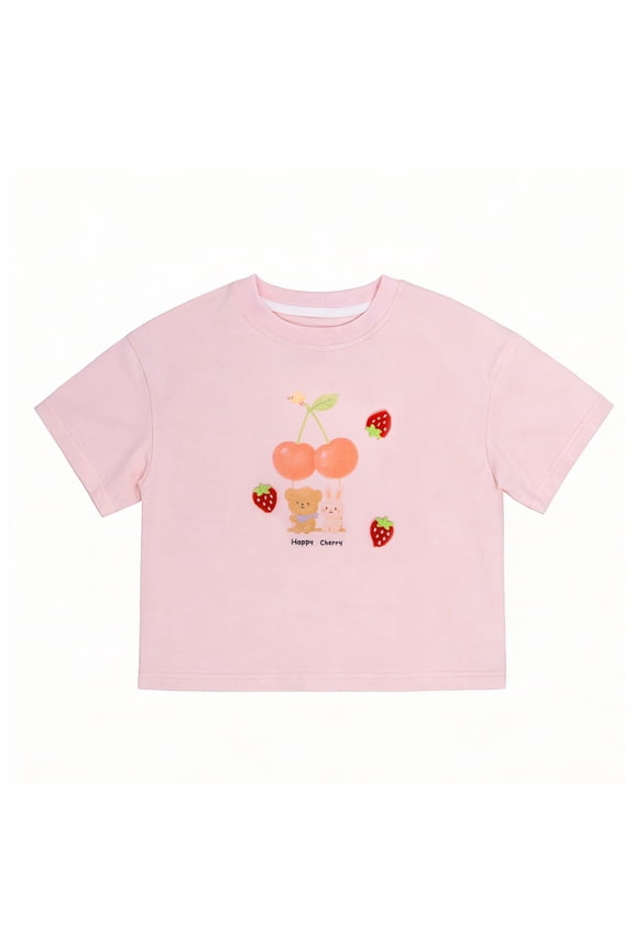 Girls Cartoon T-Shirt, Round Neck and Short Sleeve Cotton Shirts, 9-10Y