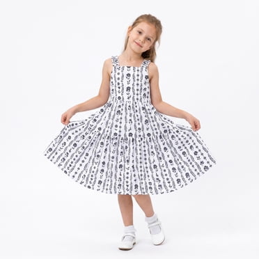 Girls Summer Boho Maxi Dress, Black and White Floral Tiered Sundress with Ruffle Straps for Toddler & Little Girls (4-5Y)