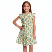 Girls Casual Summer Dress Beige with Blue Flower Print Ruffle Shoulder A-Line Dresses for Kids