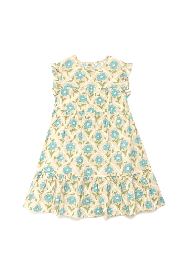 Girls Dress Floral Print Ruffle Sleeve Tiered Cotton Sundress for Girls, Beige and Blue, Sizes 9-10 years old